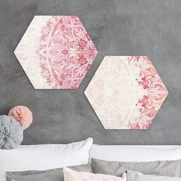 Preiswert Mandala Aquarell Ornament Set beige pink 2-teiliges Hexagon-Forexbild