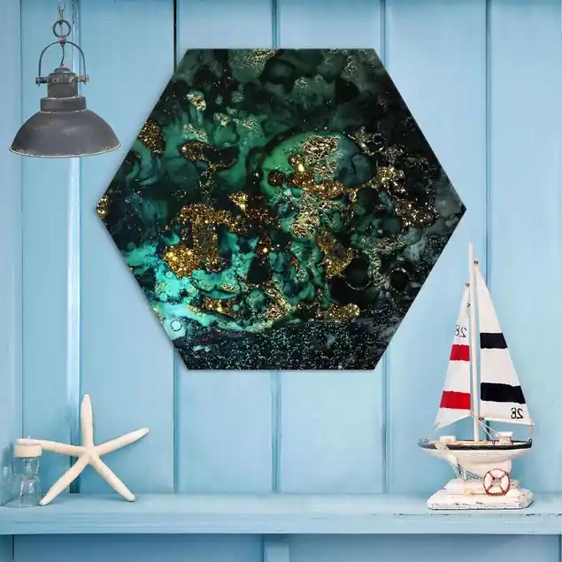 Goldene Meeres-Inseln Abstrakt Hexagon-Alu-Dibond Bild Online Kaufen