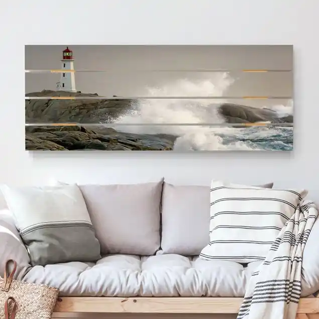 Angebot Sturmwellen am Leuchtturm Holzbild Plankenoptik - Panorama