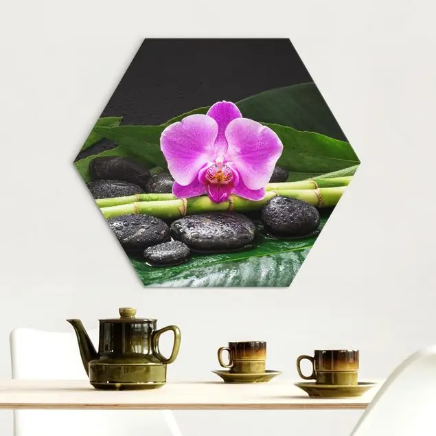 Grüner Bambus mit Orchideenblüte Hexagon-Alu-Dibond Bild Sofort Bestellen