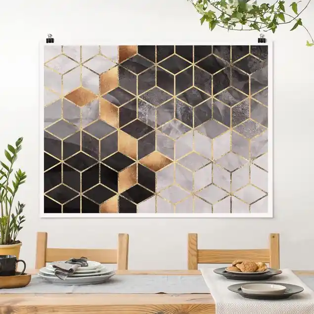 Schwarz Weiß goldene Geometrie Poster - Querformat Sonderaktion