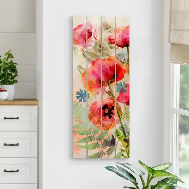 Online Kaufen Aquarell Blumen Mohn Holzbild Plankenoptik - Hochformat