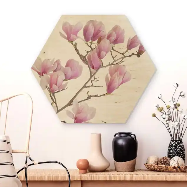 Magnolienzweig Hexagon-Holzbild Online Kaufen