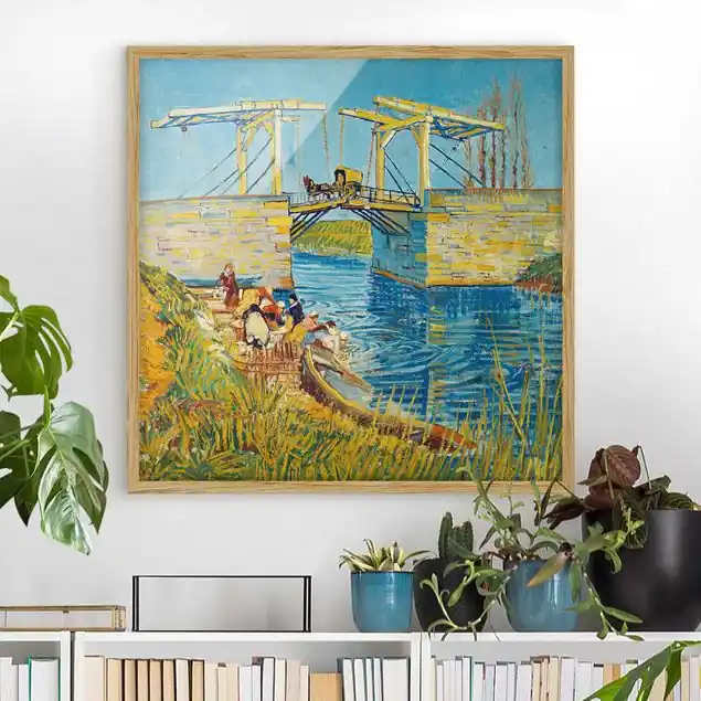 Zertifiziert Vincent van Gogh - Zugbrücke in Arles Bild mit Rahmen in Manufakturqualität • Eiche naturbelassen • inkl. Rahmung von Hand • Made in Germany