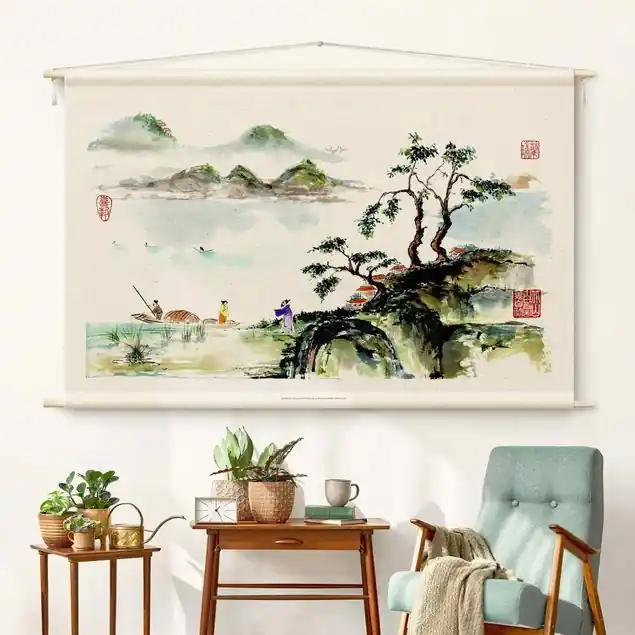 Top-Angebot Japanische Aquarell Zeichnung See und Berge Wandteppich • Handarbeit aus Deutschland • inkl. Rundhölzer & Baumwollseil • lösemittelfrei • natürliche Raumwirkung
