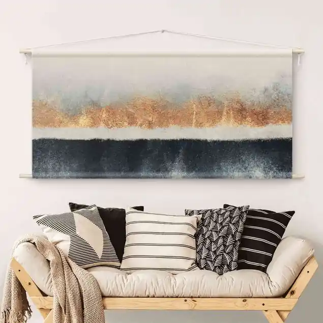 Direktkauf Goldener Horizont Aquarell Wandteppich • Handarbeit aus Deutschland • inkl. Rundhölzer & Baumwollseil • lösemittelfrei • natürliche Raumwirkung