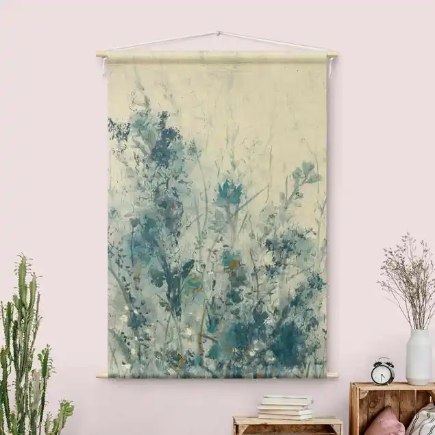 Top-Angebot Blaue Frühlingswiese I Wandteppich • Handarbeit aus Deutschland • inkl. Rundhölzer & Baumwollseil • lösemittelfrei • natürliche Raumwirkung