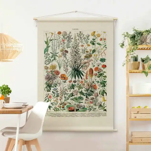 Mega-Angebot Vintage Lehrtafel Blumen I Wandteppich • Handarbeit aus Deutschland • inkl. Rundhölzer & Baumwollseil • lösemittelfrei • natürliche Raumwirkung
