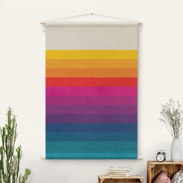 Nur Für Kurze Zeit Retro Regenbogen Streifen Wandteppich • Handarbeit aus Deutschland • inkl. Rundhölzer & Baumwollseil • lösemittelfrei • natürliche Raumwirkung