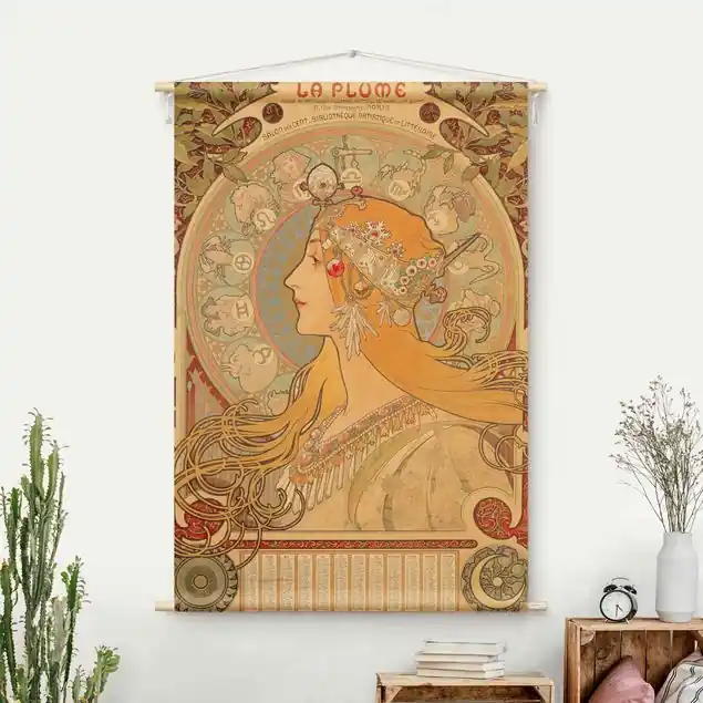 Preisknaller Alfons Mucha - Sternkreiszeichen Wandteppich • Handarbeit aus Deutschland • inkl. Rundhölzer & Baumwollseil • lösemittelfrei • natürliche Raumwirkung