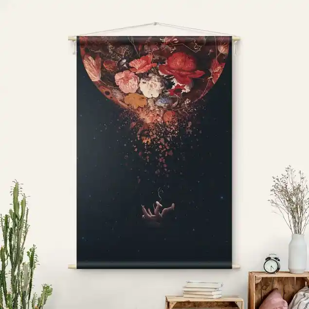 Wochenendangebot Enkel Dika - Kosmische Blumen Wandteppich • Handarbeit aus Deutschland • inkl. Rundhölzer & Baumwollseil • lösemittelfrei • natürliche Raumwirkung