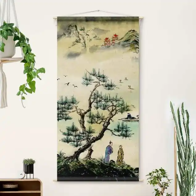Gratis Versand Japanische Aquarell Zeichnung Kiefer und Bergdorf Wandteppich • Handarbeit aus Deutschland • inkl. Rundhölzer & Baumwollseil • lösemittelfrei • natürliche Raumwirkung