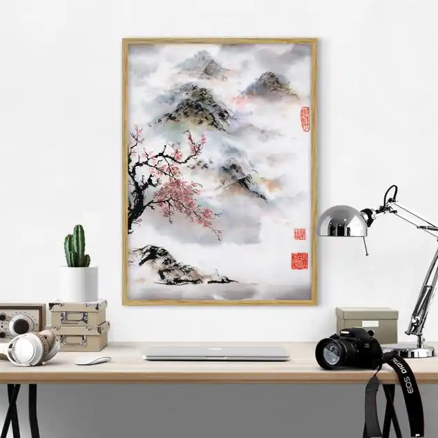 Kracherpreis Japanische Aquarell Zeichnung Kirschbaum und Berge Bild mit Rahmen in Manufakturqualität • Eiche naturbelassen • inkl. Rahmung von Hand • Made in Germany