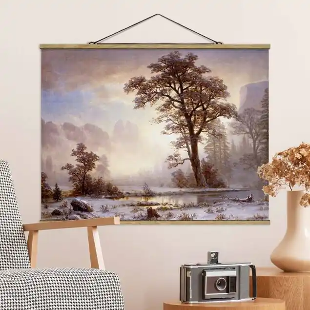 Albert Bierstadt - Yosemite Valley bei Schneefall Feines Stoffbild • inkl. filigraner Holzleisten & gewachster Baumwollkordel • edle Fine-Art-Optik mit Vintage-Charakter • gefertigt in Deutschland Echt