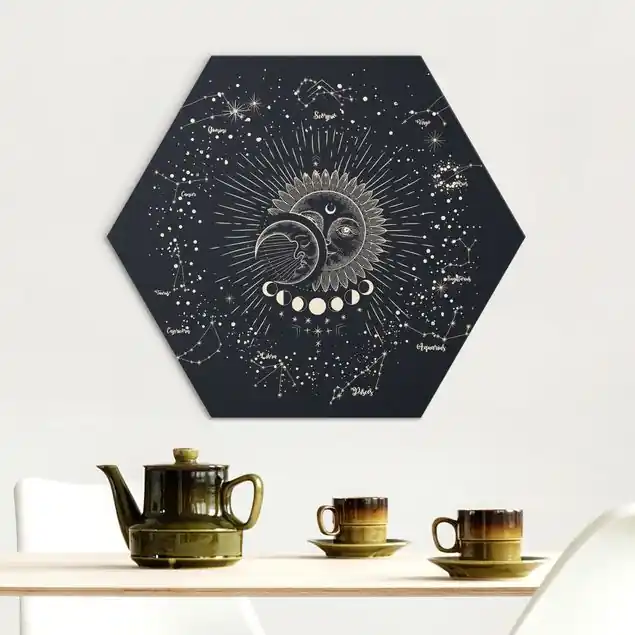 Astrologie Sonne Mond und Sterne Blau Gold Hexagon-Alu-Dibond Bild Sale