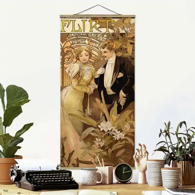 Alfons Mucha - Werbeplakat für Flirt Biscuits                               Feines Stoffbild • inkl. filigraner Holzleisten & gewachster Baumwollkordel • edle Fine-Art-Optik mit Vintage-Charakter • gefertigt in Deutschland Preisknaller