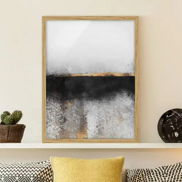 Abstrakter Goldener Horizont Schwarz Weiß Bild mit Rahmen in Manufakturqualität • Eiche naturbelassen • inkl. Rahmung von Hand • Made in Germany Must-Have