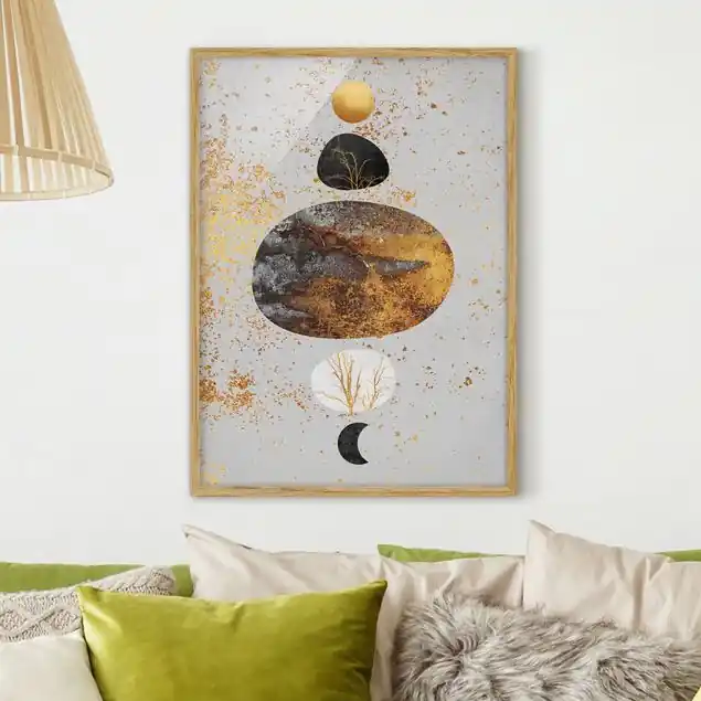 Top-Seller Sonne und Mond in Goldglanz Bild mit Rahmen in Manufakturqualität • Eiche naturbelassen • inkl. Rahmung von Hand • Made in Germany