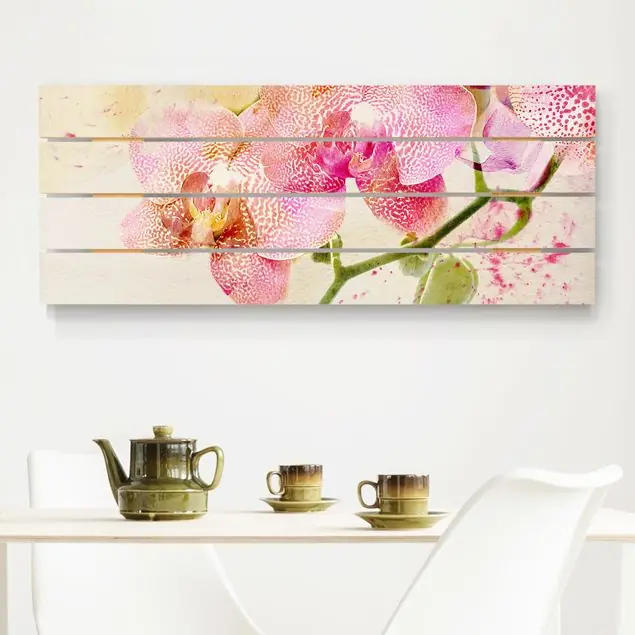 Aquarell Blumen Orchideen Holzbild Plankenoptik - Panorama Markenware