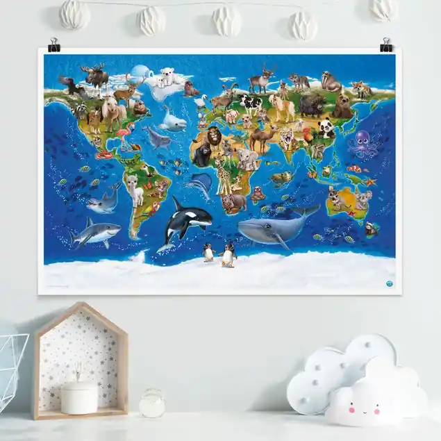 Weltkarte mit Tieren Poster - Querformat Begrenztes Angebot