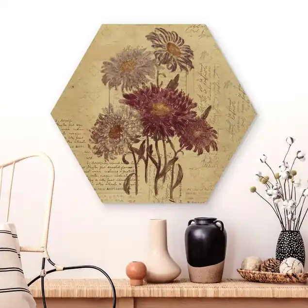 Vintage Blumen mit Handschrift Hexagon-Holzbild Meistverkauft