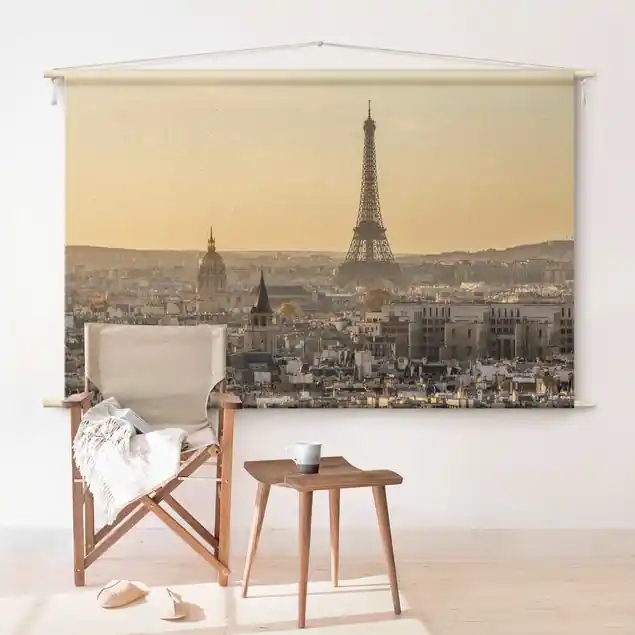 Paris im Morgengrauen Wandteppich • Handarbeit aus Deutschland • inkl. Rundhölzer & Baumwollseil • lösemittelfrei • natürliche Raumwirkung Neue Kollektion