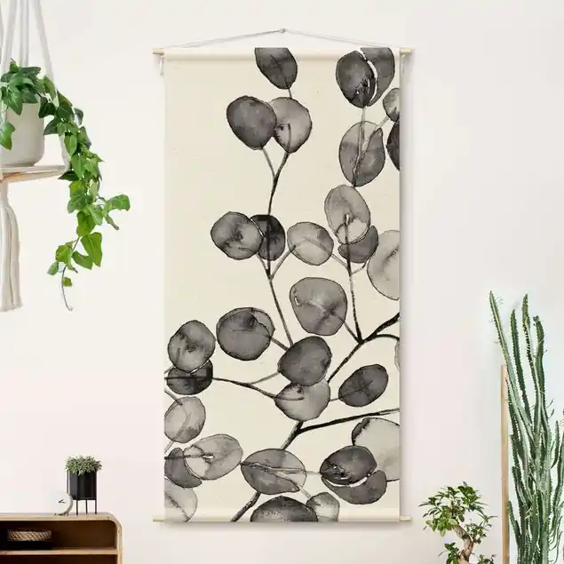 Preisknaller Schwarz Weiß Aquarell Eukalyptuszweig Wandteppich • Handarbeit aus Deutschland • inkl. Rundhölzer & Baumwollseil • lösemittelfrei • natürliche Raumwirkung