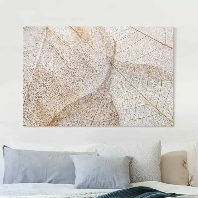Filigrane Blattstruktur in Gold Leinwandbild • hergestellt in Deutschland • langlebiges Canvas mit Holzkeilrahmen • klassische Struktur Neu Im Sortiment