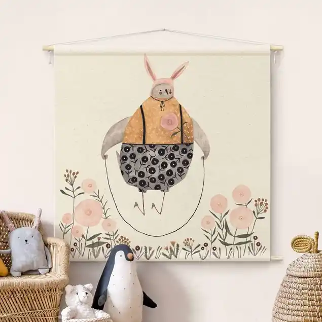 Neue Kollektion Claudia Voglhuber Illustration - Seilspringen Wandteppich • Handarbeit aus Deutschland • inkl. Rundhölzer & Baumwollseil • lösemittelfrei • natürliche Raumwirkung