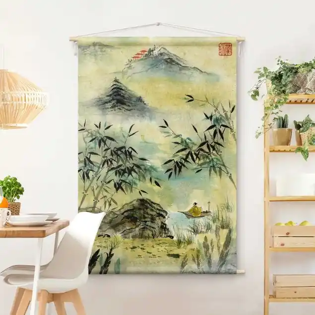 Japanische Aquarell Zeichnung Bambuswald Wandteppich • Handarbeit aus Deutschland • inkl. Rundhölzer & Baumwollseil • lösemittelfrei • natürliche Raumwirkung Zertifiziert