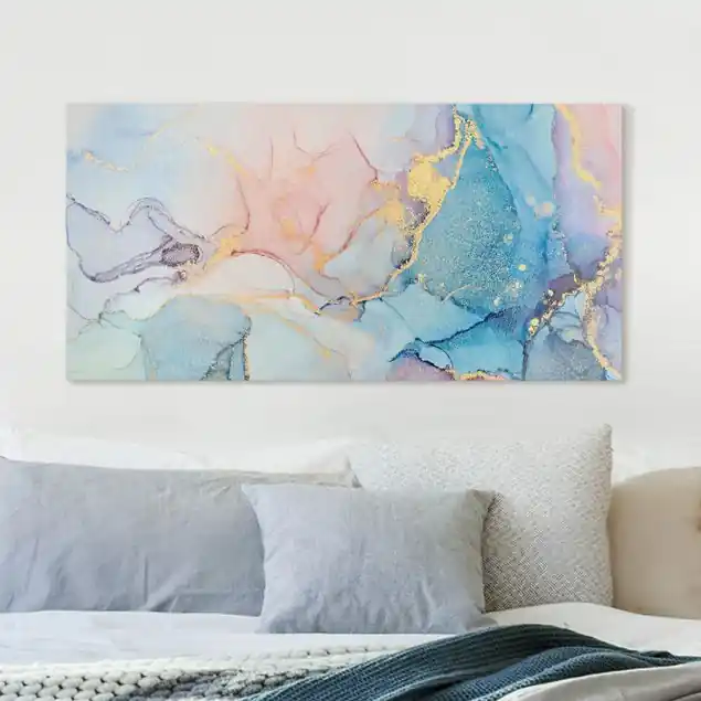 Preis Gesenkt Aquarell Pastell Bunt mit Gold Leinwandbild • hergestellt in Deutschland • langlebiges Canvas mit Holzkeilrahmen • klassische Struktur