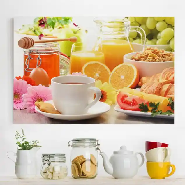 Sommerlicher Frühstückstisch Leinwandbild • hergestellt in Deutschland • langlebiges Canvas mit Holzkeilrahmen • klassische Struktur Kracherpreis