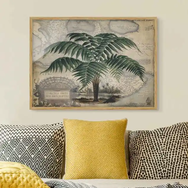 Vintage Collage - Palme und Weltkarte Bild mit Rahmen in Manufakturqualität • Eiche naturbelassen • inkl. Rahmung von Hand • Made in Germany Preis Gesenkt
