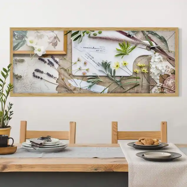 Blumen und Gartenkräuter Vintage Bild mit Rahmen in Manufakturqualität • Eiche naturbelassen • inkl. Rahmung von Hand • Made in Germany Geprüft