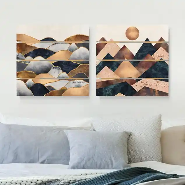 Geometrische & Goldene Berge Aquarell 2-teiliges Holzbild Plankenoptik - Quadrat Direktkauf