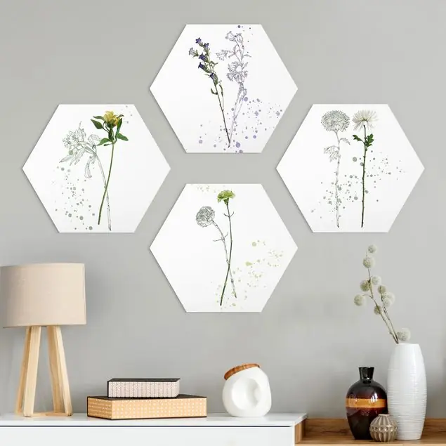 Günstig Botanisches Aquarell Set I 4-teiliges Hexagon-Alu-Dibond Bild