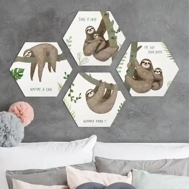 Faultier Sprüche Set II 4-teiliges Hexagon-Forexbild Direkt Vom Hersteller