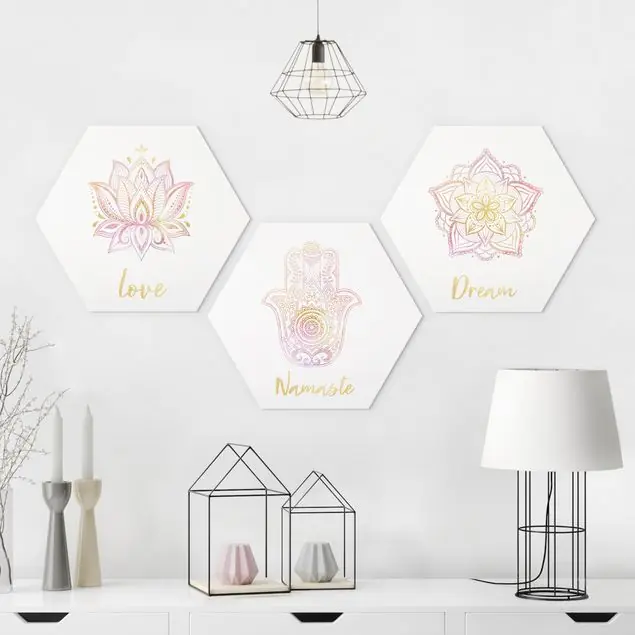 Mandala Namaste Lotus Set Gold Rosa 3-teiliges Hexagon-Alu-Dibond Bild Garantierte Lieferung