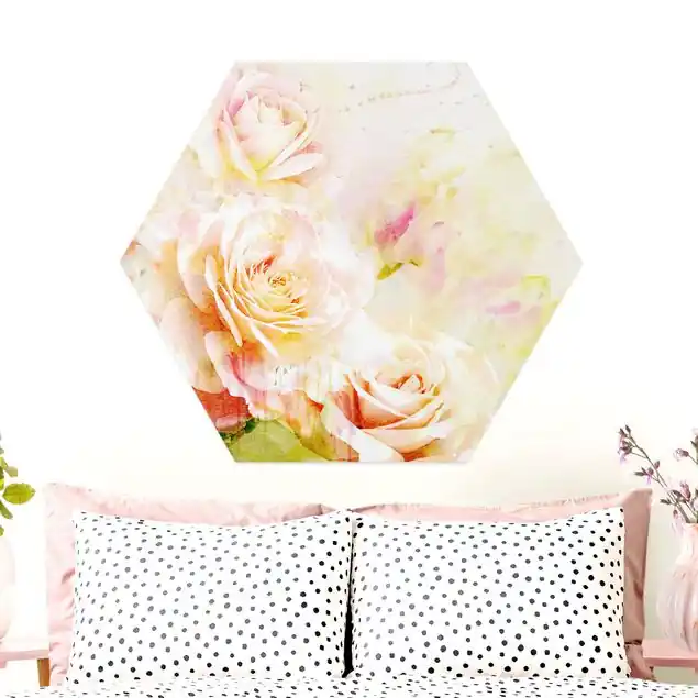 Aquarell Rosen Komposition Hexagon-Alu-Dibond Bild Sonderaktion