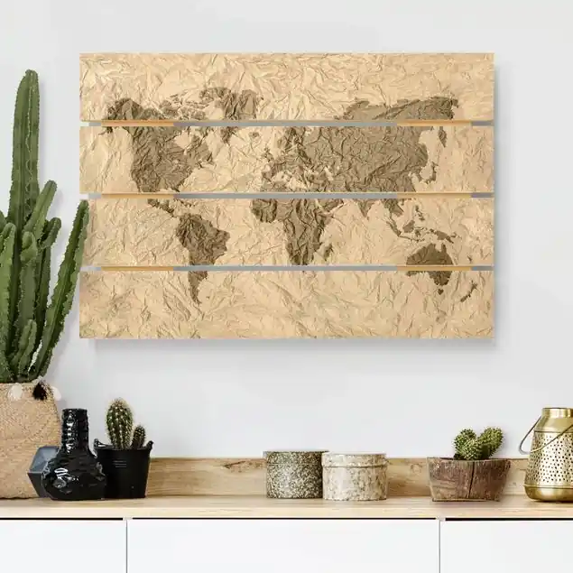 Abverkauf Papier Weltkarte Beige Braun                               Holzbild Plankenoptik - Querformat