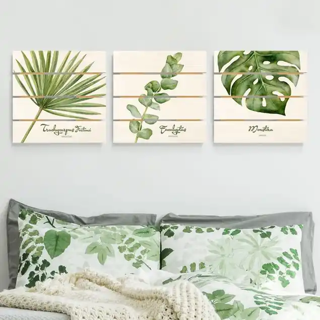 Bestseller Aquarell Botanik 3-teiliges Holzbild Plankenoptik - Quadrat