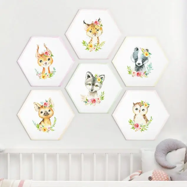 Direktkauf Aquarell Waldtiere mit Blumen Set V 6-teiliges Hexagon-Forexbild