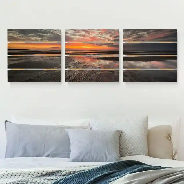 Solange Der Vorrat Reicht Sonnenaufgang im Watt 3-teiliges Holzbild Plankenoptik - Quadrat