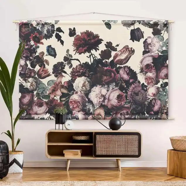 Altmeisterlicher Blumenrausch mit Rosen Bouquet Wandteppich • Handarbeit aus Deutschland • inkl. Rundhölzer & Baumwollseil • lösemittelfrei • natürliche Raumwirkung Wochenendangebot