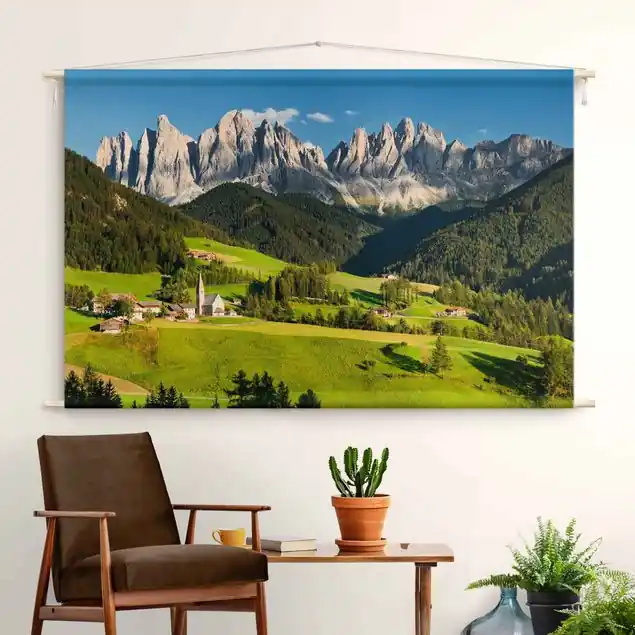 Wochenendangebot Geislerspitzen in Südtirol Wandteppich • Handarbeit aus Deutschland • inkl. Rundhölzer & Baumwollseil • lösemittelfrei • natürliche Raumwirkung