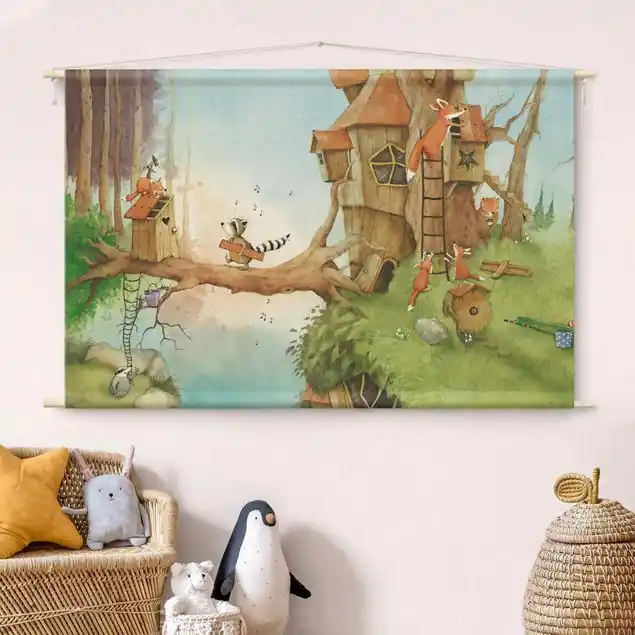 Super-Preis Wassili Waschbär - Wassili und Familie Fuchs Wandteppich • Handarbeit aus Deutschland • inkl. Rundhölzer & Baumwollseil • lösemittelfrei • natürliche Raumwirkung
