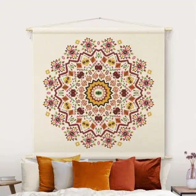 Azteken Boho Mandala in bunt Wandteppich • Handarbeit aus Deutschland • inkl. Rundhölzer & Baumwollseil • lösemittelfrei • natürliche Raumwirkung Neu