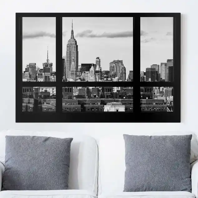 Markenprodukt Fensterblick New York Skyline schwarz weiss Leinwandbild • hergestellt in Deutschland • langlebiges Canvas mit Holzkeilrahmen • klassische Struktur