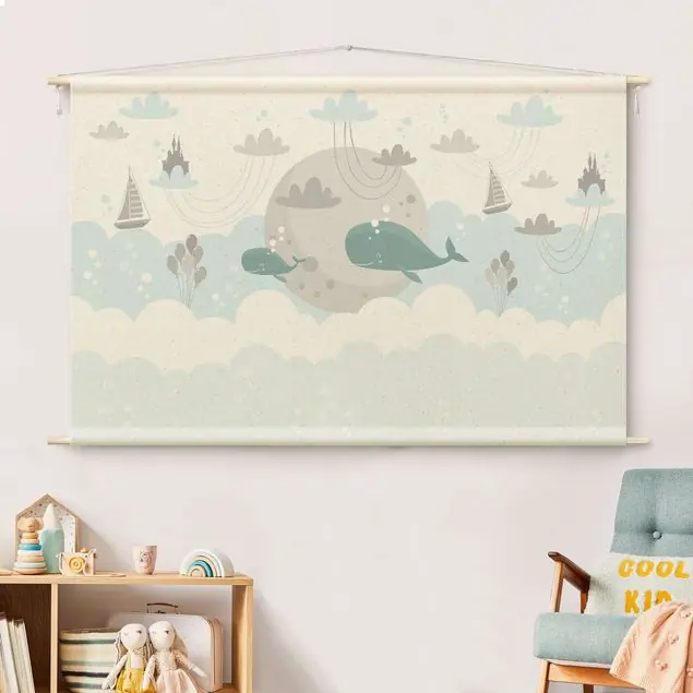 Wolken mit Wal und Schloss Wandteppich • Handarbeit aus Deutschland • inkl. Rundhölzer & Baumwollseil • lösemittelfrei • natürliche Raumwirkung Sichere Zahlung