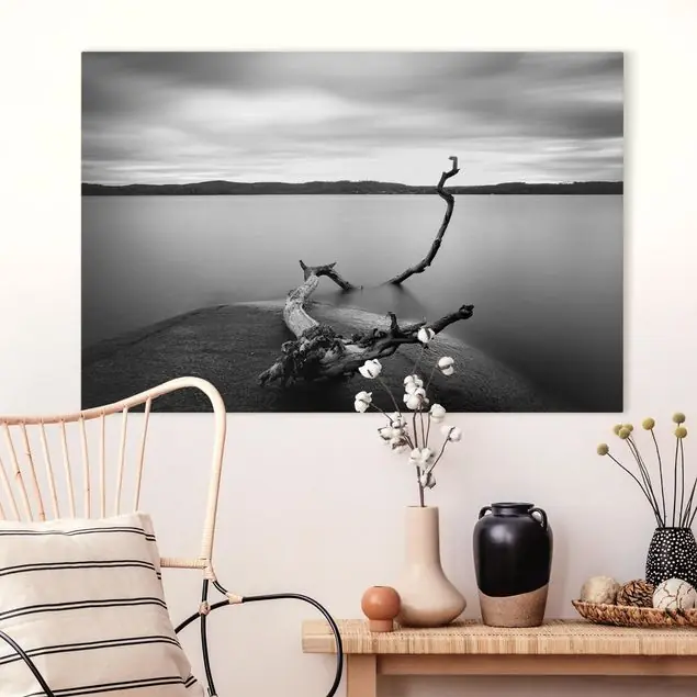 Sonnenuntergang am See schwarz-weiß Leinwandbild • hergestellt in Deutschland • langlebiges Canvas mit Holzkeilrahmen • klassische Struktur Letzte Chance